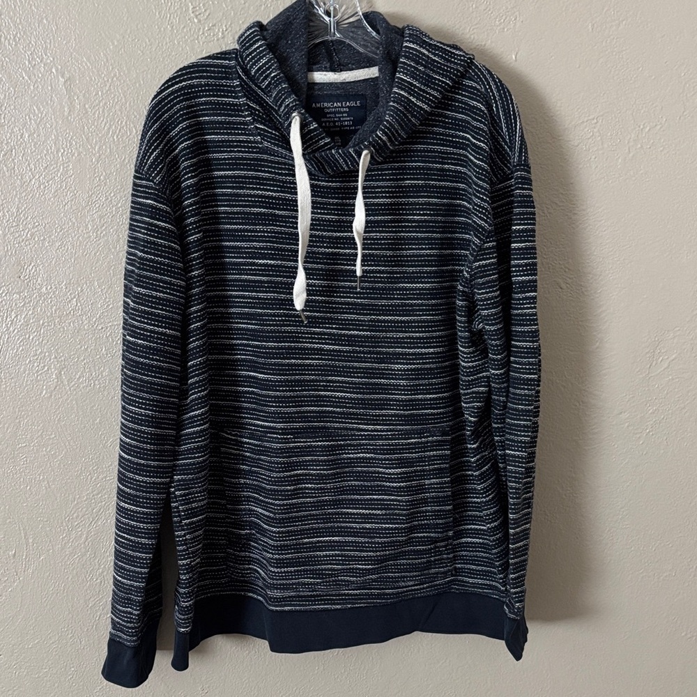 Mens American‎ Eagle Sweater Blue Striped Pullover Hoodie XXL, Navy/White